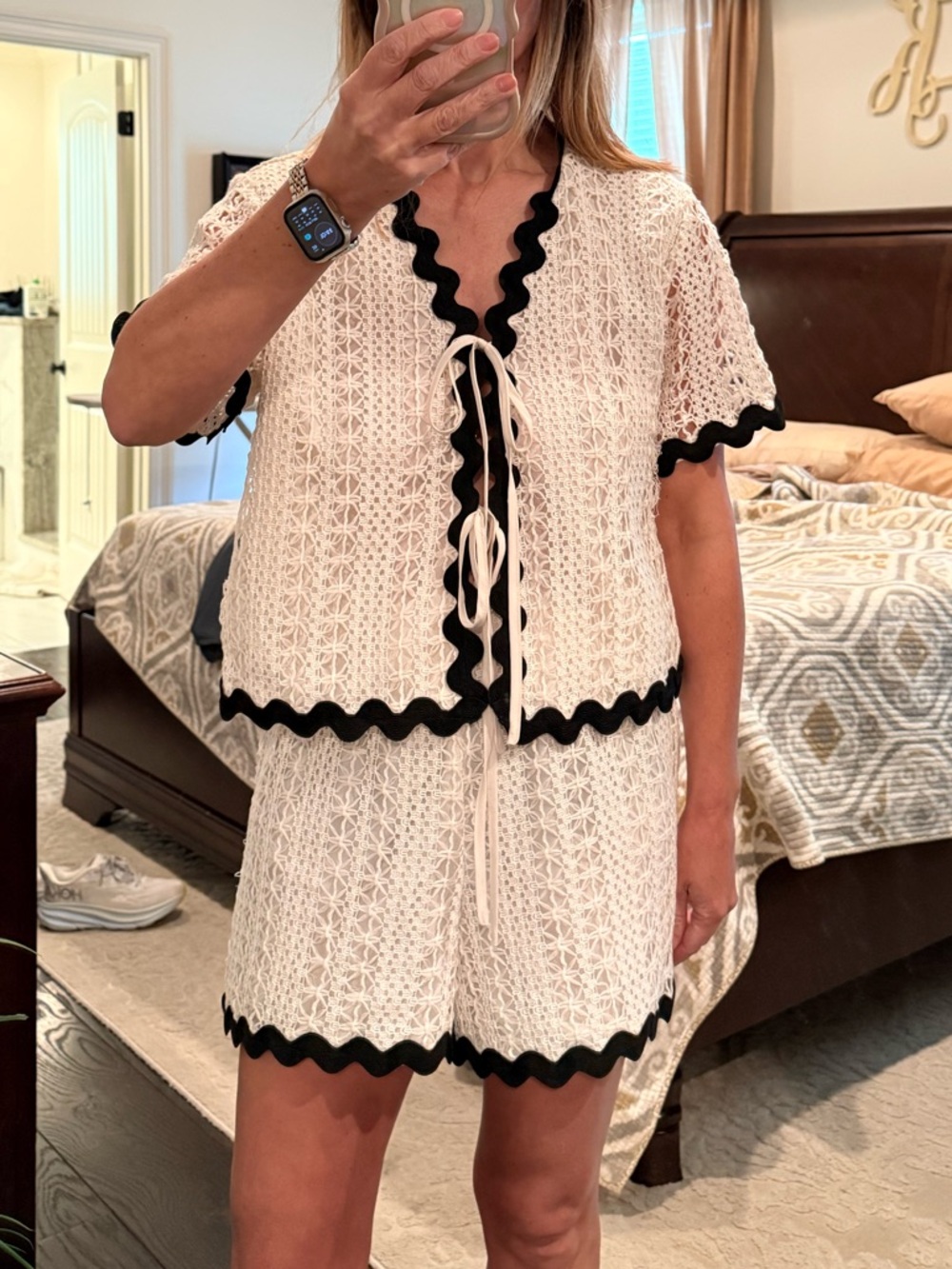 White Crochet Two-Piece Lounge Set with Black Trim